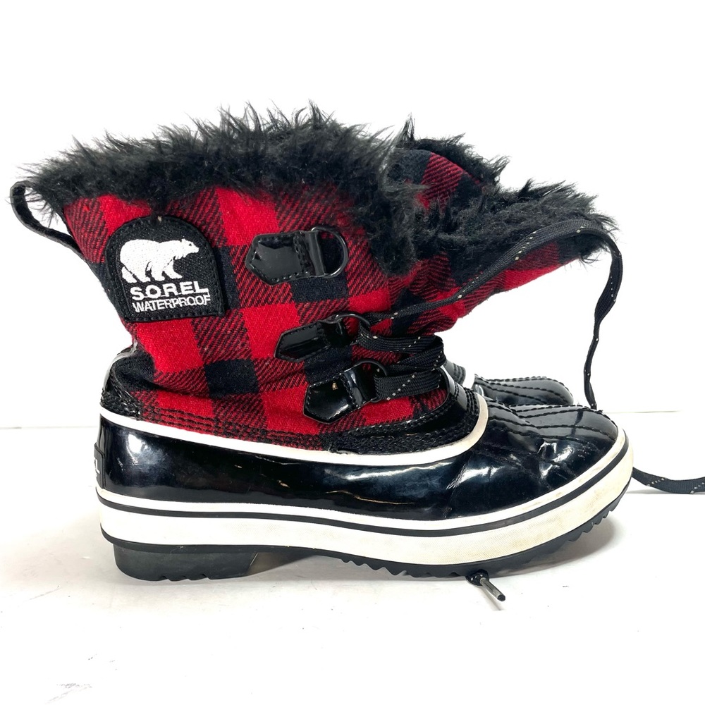 Sorel black and red Buffalo check fur rubber winter boots size 6.5